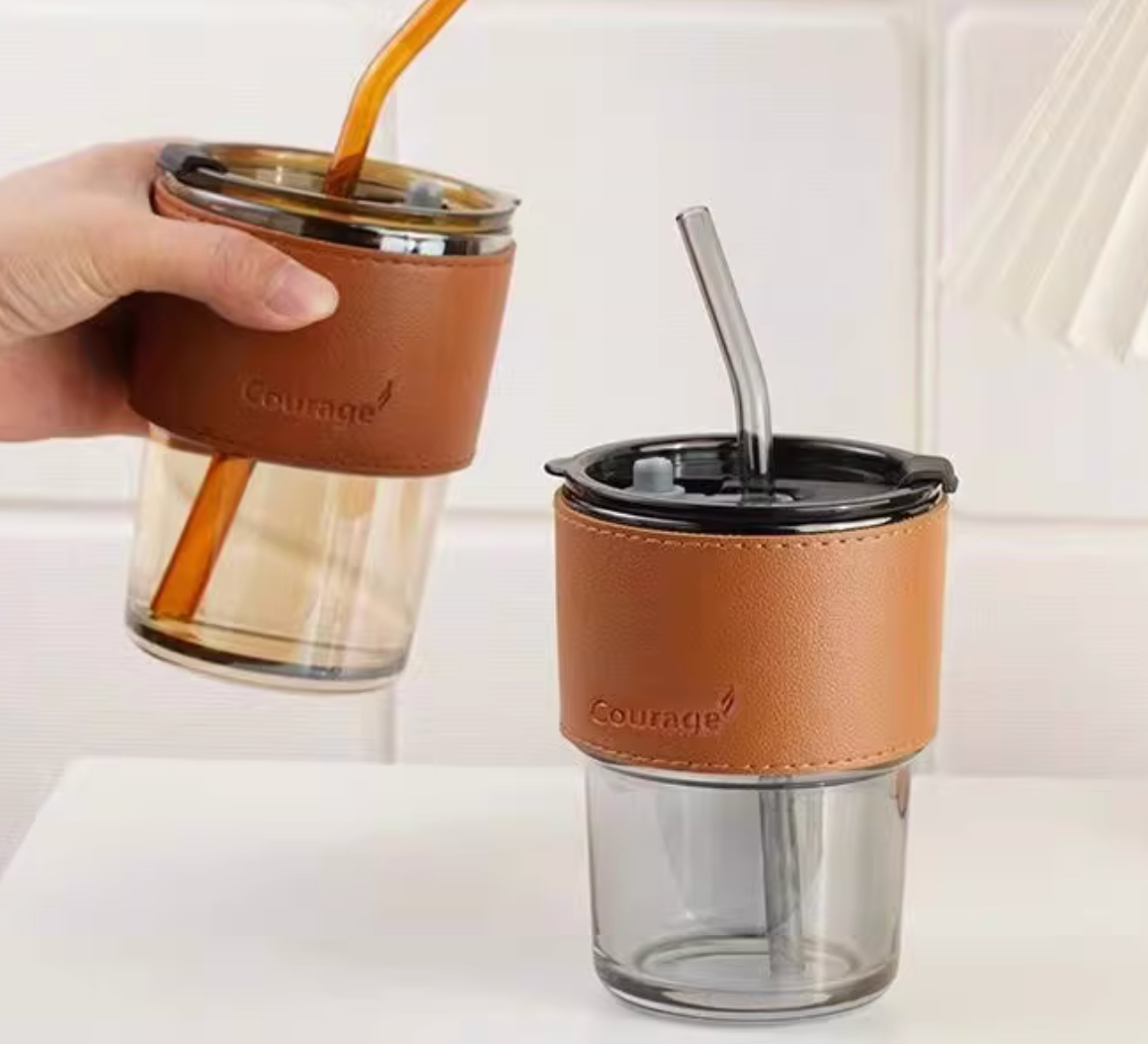 Glas-Tumbler mit Lederhülle · Handgefertigt - Ansicht 1