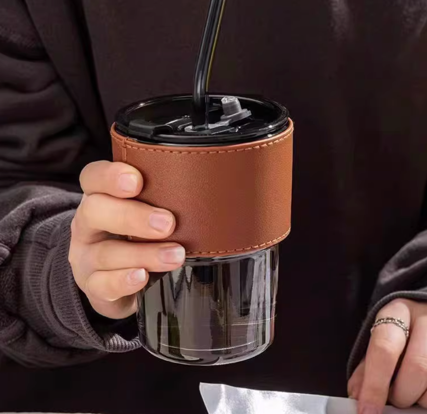Glas-Tumbler mit Lederhülle · Handgefertigt - Ansicht 2